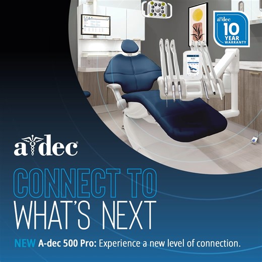 Best-in-Class. A-dec 500 Pro Package. Everything you’ve come to appreciate about the A-dec 500 dental chair, is now available with a NEW delivery. Enabled with A-dec+, an updatable software platform, the NEW A-dec 500 Pro package supports your dental team with a new level of connection: https://bit.ly/4n37Xm2 | Dentistry | Facebook