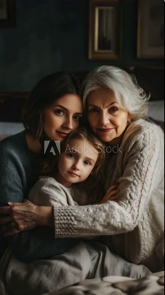 Cuddling family scene; older woman holds young girl, showing love and support between different generations.