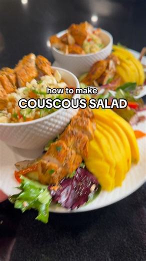 One of my favourite salads 😍 so easy and refreshing! INGREDIENTS: -1 cup couscous -1 cup chicken broth -bell peppers -red onion -cucumber -cilantro -lemon juice -sriracha -chicken (seasoned with garlic powder, paprika, onion powder, thyme & lemon) -cumin -feta RECIPE: 1. Bring chicken broth to a boil, add couscous and remove from heat (cover lid) let stand for 10 2. Add cooked chicken, vegetables & feta 3. Mix lemon juice and sriracha, add to salad with cumin, salt & pepper 🥰 | Chelsea’s World