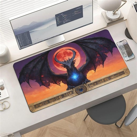 Epic Dragon Red Moon Mouse Pad | Dark Fantasy Blue Flame Desk Mat, Mythical Gaming - Etsy