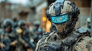 This soldier is equipped with advanced armor and technology in a military setting. Exoskeleton