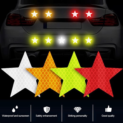 ⭐️Star-Shaped Reflective Safety Warning Sticker for Cars and Motorcycles ------------------- ✅ PRODUCT INFORMATION: - Star-shaped reflective stickers help increase visibility when driving at night, especially useful for drivers who often travel long distances. - Helps warn of safety, limit risks and avoid accidents effectively. - Can be used to cover small scratches, while decorating the car to be more prominent and unique. - Easy to stick on many different locations such as the car body, car do
