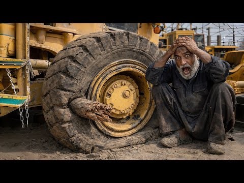 Sharp log pierced through giant loader tire and got stuck! | Unbelievable repair
