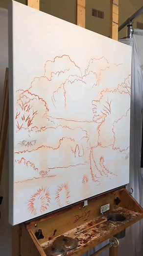 New one on my easel! This is an Imprimatura-Bistre - the “first layer” of paint that I believe is critical if you want luminosity in your paintings… and this is the way I start all my daytime landscape paintings. For the Imprimatura, I’m using Burnt Sienna oil paint thinned with odorless mineral spirits. For the Bistre I’ve rubbed out highlights with a simple paper towel. And like magic, a painting comes to life! 👉Seriously, if you want to learn about this Imprimatura-Bistre underpainting techn