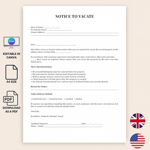 Notice to Vacate Template – Editable Eviction Letter, Printable Lease Termination Form, Canva PDF for Landlords & Tenants, US and UK - Etsy