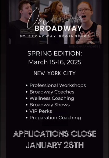 Last chance to apply for ON BROADWAY! Applications close January 26th! See you in NYC! #broadwaybeginnings #onbroadway #theatre #theatreintensive #newyork #newyorkcity #singer #dancer #actor #broadway #broadwaymusicals