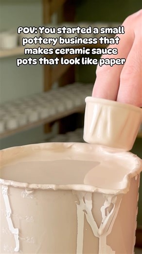 POV: You make ceramic sauce pots that look like paper! #pottery #ceramicstudio #foodware #ceramics