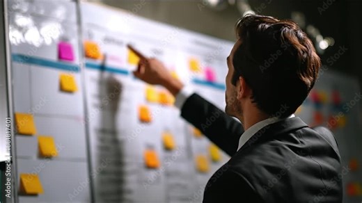 Strategic Vision: An ambitious professional passionately points out key objectives on a collaborative strategy board, embodying focused determination in a modern office.