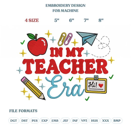 In My Teacher Era Embroidery Design, Cute School Teacher Life Apple Pencil Paper Plane Name Tag Machine Embroidery File, Back to School Gift - Etsy