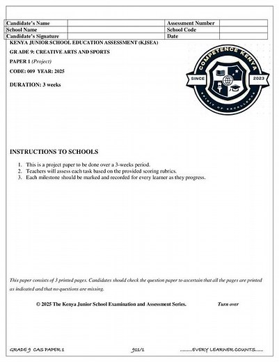 Grade 9 Creative Arts and Sports Paper 1 Opener Exam Term 3 2025