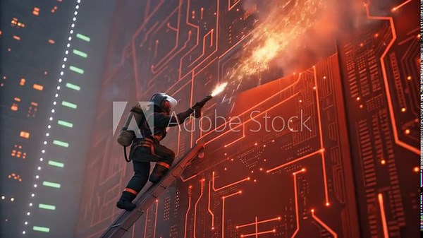 Brave firefighter battling fire on circuit board, using extinguisher in high-tech data center, dynamic action