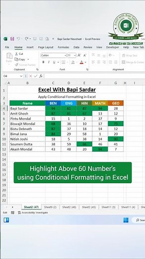 Highlight numbers above 60 automatically in Microsoft Excel — no manual work needed! 📊