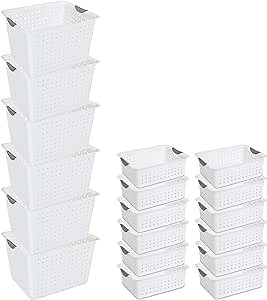 Sterilite Ultra Storage Basket with Handles for At Home or Organization, in Size Deep (6 Pack) and Medium (12 Pack), White