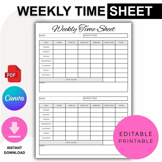 Weekly Timesheet Template, Work Hours Tracker Printable, Staff Time Log, Employee Weekly Time Sheet,printable Timesheet, A4 Instant Download - Etsy