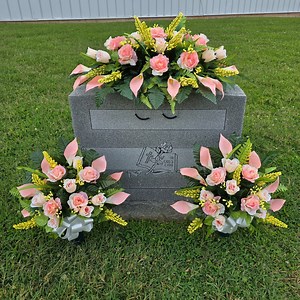 This Headstone Saddle and Cemetery Cone Set Has Silk Grave Flowers Including Peach Calla Lilies and Roses. - Etsy