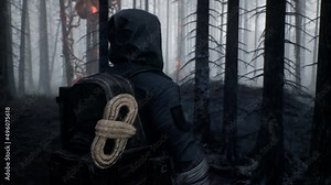 A survivor of the apocalypse walks to his refuge through a dark, mysterious forest. A human survivor of a nuclear apocalypse. The animation is ideal for sci-fi, military and apocalyptic backgrounds.