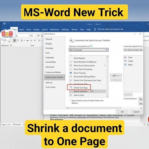 MS-Word Trick: How to Automatically Shrink a Word document by one page in one click | Shrink to Fit