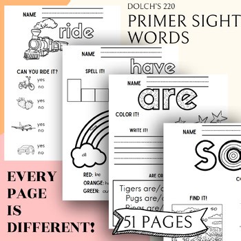 Dolch's Primer Sight Word Worksheets No- Prep| 51 Unique Pages |Pre K- 2