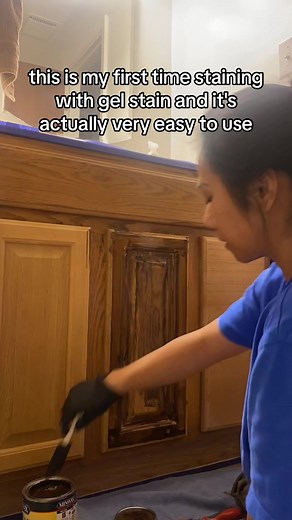 Gel stain on bathroom cabinets. Just a little evening #DIY #gelstain #bathroommakeover
