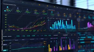 Close-up of a computer screen displaying bar charts. A complex network of graphs and numbers