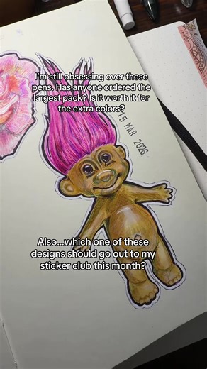 For the troll doll I experimented with starting with a very light wash of water color as a base and then used the pens the build all the shading and depth! I think it worked really well!