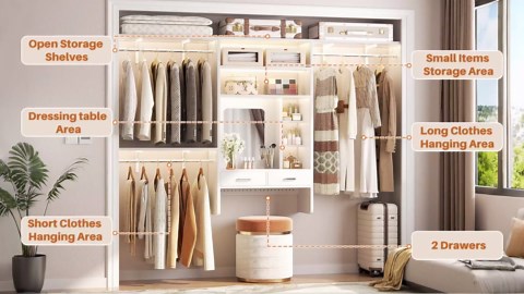 Unikito 8FT Wall Mounted Closet System with Vanity Desk, 96'' Walk In Closet Organizer System with 3 Adjustable Shelves and Hanging Rods, Heavy Duty Wood Clothes Rack, Built-In Garment Rack, White
