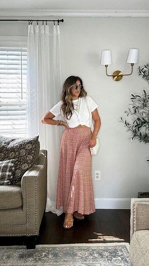 To shop, comment “FALL STYLE” and I will direct message you my 30% OFF code! Xx Couldn’t love this everyday elevated casual outfit to transition from summer to fall anymore. 🫶🏼🍂The print on these wide leg pants & basic t-shirt with a twist (literally). 🙃 #summerstyle #falloutfit #fallfashion #widelegpants #basicstyle #casualoutfit #momstyle #womenstyle #everydayoutfit #weekendoutfit #labordayweekend #outfitinspo #amazonfashion #styleinspiration #fashioninspo #ootd #stylediaries fall fashion,