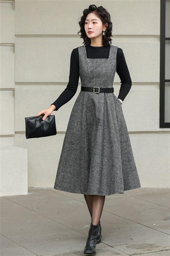 Vintage Inspired Wool Pinafore Dress: Grey Tweed A-line Midi, Custom, Xiaolizi 6418 - Etsy