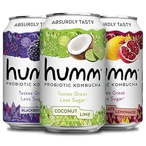 Humm Kombucha Paradise Variety 12 Pack, 2 Billion Probiotics for Gut Health, Blackberry, Coconut Lime, Pomegranate Lemonade
