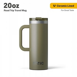 RTIC 20 oz Ceramic Lined Insulated Road Trip Travel Mug, Leak-Resistant Lid, Olive
