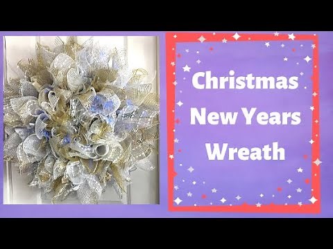 How to make a Sunburst Deco Mesh Wreath for Christmas or New Years Gold White and Silver1