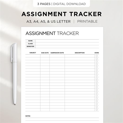 Assignment Tracker: Student Deadline Log, Homework Planner Printable, School Planner A3 A4 A5 US Letter, Instant Download - Etsy