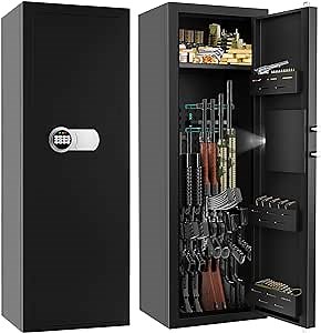 Large Gun Safe for 6-8 Guns, Fireproof Gun Safes for Home Rifle and Pistols, Rifle Safes for Home with Easy Set up Combination&Spare Keys, Anti-theft Lock&Alarm, Adjustable Racks, Silent Mode