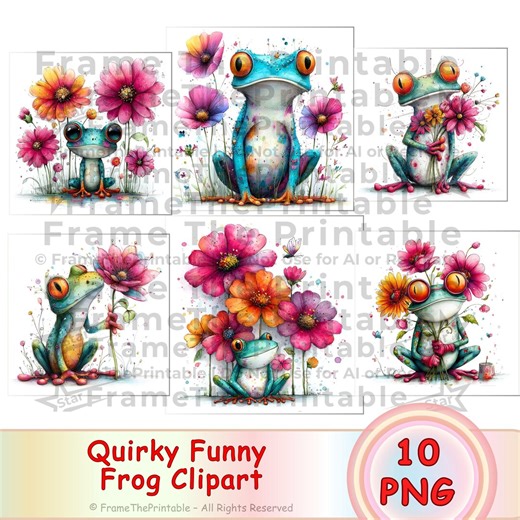 Funny Frog Clipart Set, Quirky Whimsical Frogs With Flowers, 10 PNG Animals for Scrapbooking, Crafts, DIY, Instant Download - Etsy