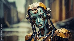 A futuristic robot warrior stands tall in a rain-soaked urban alley, reflecting the resilience of technology amidst a dystopian backdrop