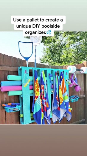 DIY pool organizer made from a pallet. #diy #diyproject #pool #poolside #poolday #poolorganization #poolorganizer #organize #organized #organizedhome #organizationhacks #lifehack #lifehacks #handmade #unique #hacks #hacksoflife #poolparty #cleanpool #clean #cleantok #cleanhome #outdoors #outdoorfun #pooltok #pools #pooltime