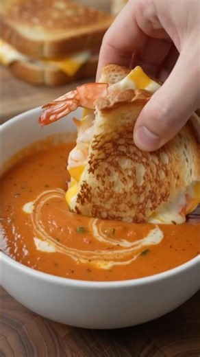 Extremely cheesy shrimp grilled cheese sandwich and tomato soup #food #asmr #eating