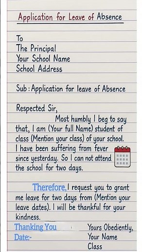 Leave Application for School | Handwritten Application for Two Days Leave ✍️📒 #Shorts