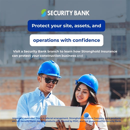 🏗️ Every construction and real estate project comes with big investments and risks. Protect your business projects, assets, and operations with Stronghold Insurance through Security Bank. ✅ Solutions for your business include: 🛠️ Contractor’s All Risk Insurance – safeguards your projects during construction 📜 Performance Bonds – ensure commitments are met and build credibility Other coverage: For your business: 🏢 Property Insurance – protects commercial, industrial, warehouse & vehicles prop