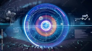 Human Eye close up with futuristic Data Stream. Modern Science Vision on Innovation. High technology retinal scan. Biometric data check. Augmented reality hologram. Innovative future, look Projection. Stock Video