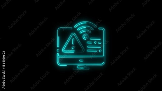 Glowing Neon cyan Computer Warning Icon with WiFi Signal on Black Background, Cyber Security Alert, Network Error, System Protection, Internet Risk, Digital Technology Interface, Futuristic U