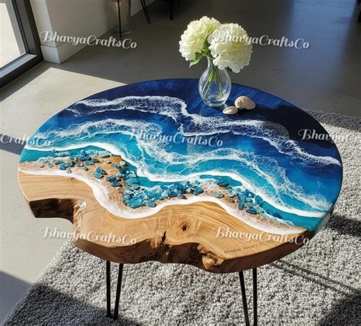 Live Edge Ocean Resin Coffee Table – Round Beach Decor - Etsy