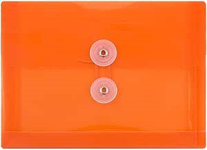 JAM PAPER Plastic Envelopes with Button & String Tie Closure - Index Size - 5 1/2 x 7 1/2 - Orange - 3/Pack