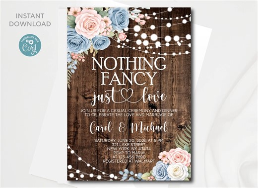 Rustic Wedding Invitation Template: Blush Pink and Dusty Blue Floral Wood (digital Download) - Etsy