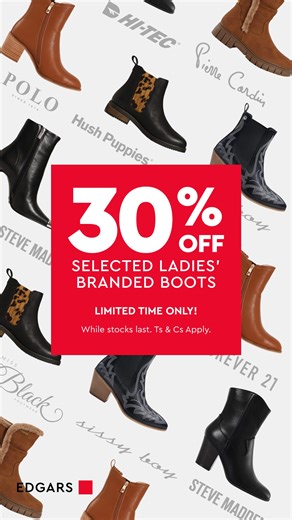 The boots you’ve been eyeing? They’re now 30% off. 👀 Selected ladies’ branded boots, from Polo to Steve Madden. 🖤 Shop online and in-store at Edgars. While stocks last. Ts & Cs apply. | Edgars