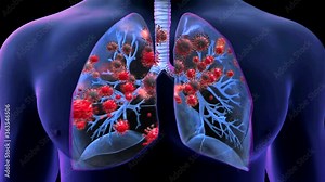 Realistic 3D footage animation of the severe acute respiratory syndrome coronavirus 2 (SARS-CoV-2) known as 2019-nCoV. Lungs contagion. Novel coronavirus close up.High quality medical animation.