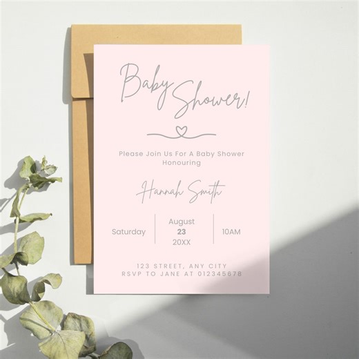 Baby Girl Baby Shower Invitation, Minimalist Elegant Girl Baby Invite, Editable Canva Template, Neutral Pink Baby Shower, Modern Invite