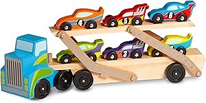Melissa & Doug Mega Race-Car Carrier - Wooden Tractor and Trailer with 6 Unique Race Cars