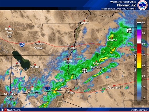 710 am: If traveling in SW Arizona and SE California this morning, watch for ponding of water on roads as bands of showers and embedded storms sweep through the area. Please slow down if encountering water on roads and don’t drive through flowing water. | US National Weather Service Phoenix Arizona