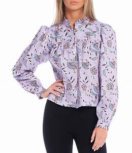  Minkoff Camilla Floral Print Ruffle Mock Neck Long Puff Sleeve